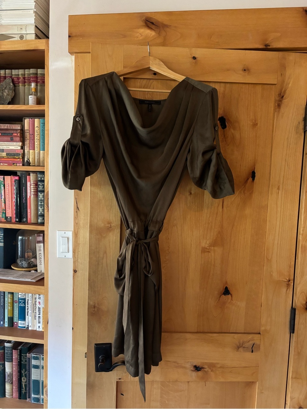 BCBGMaxAzria Olive Draped V-Neck Tie-Waist Midi Dress